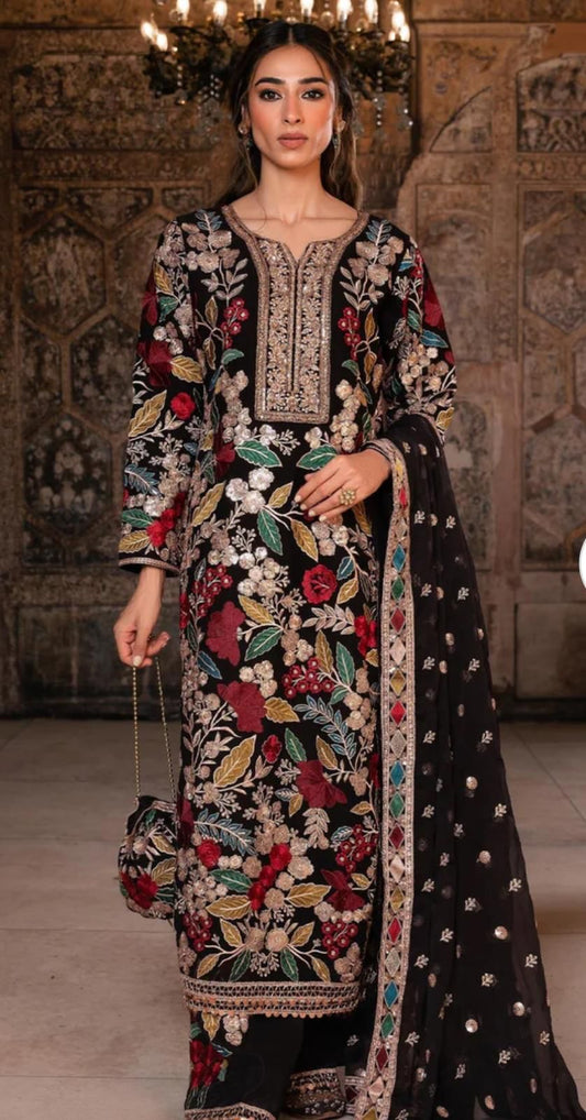 Ladies Black Luxury Embroidery 4 Piece Dress